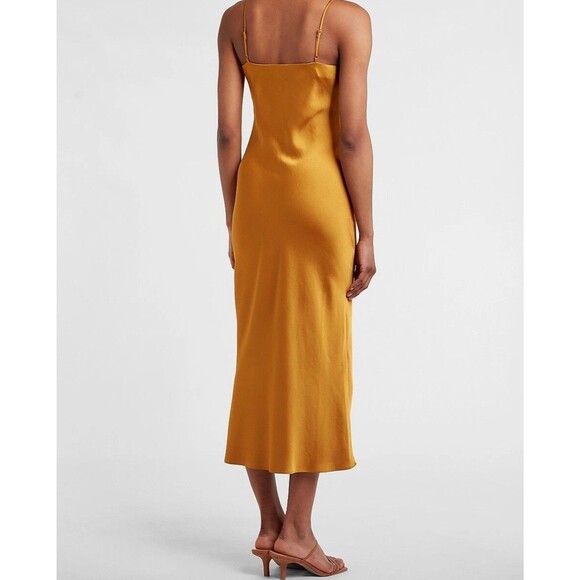 Express Honey Yellow Satin Cowl Neck Midi Slip Dress Size Small - Picture 2 of 7